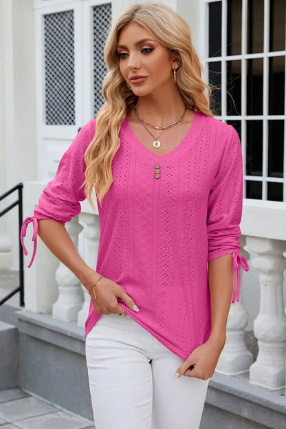 Button V-neck solid color mid sleeve loose T-shirt top for women's wear