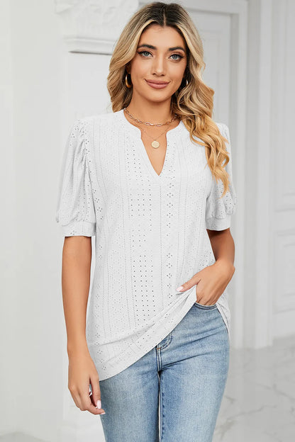 Casual V-neck solid color hollow bubble sleeve loose T-shirt top for women