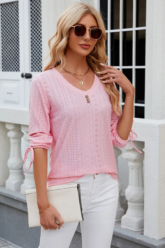 Button V-neck solid color mid sleeve loose T-shirt top for women's wear