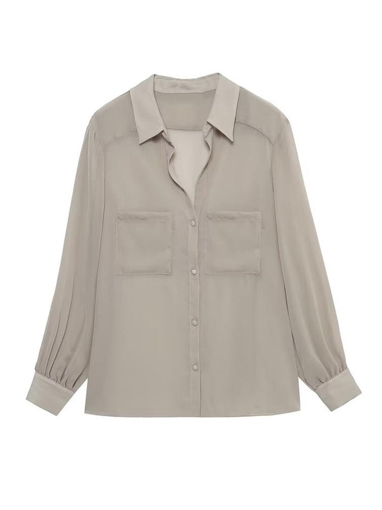 Women Solid Blouses Casual Long Sleeved Thin Tops Pockets Single Breasted T-Shirts Turn Down Collar Translucent Tops