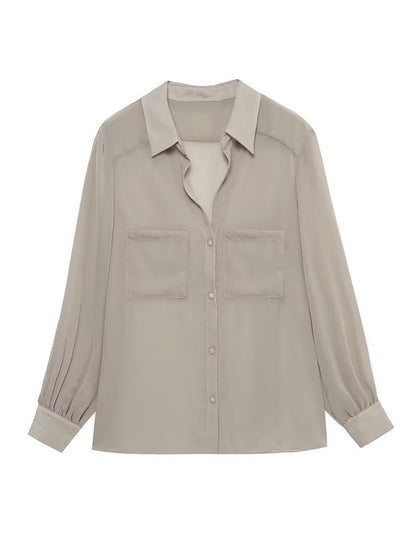 Women Solid Blouses Casual Long Sleeved Thin Tops Pockets Single Breasted T-Shirts Turn Down Collar Translucent Tops