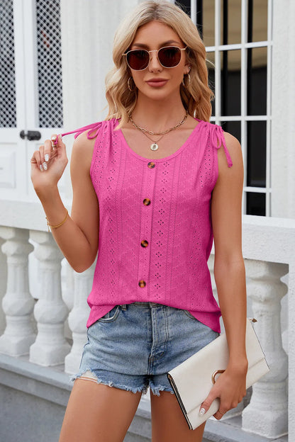 Solid color round neck button drawstring loose vest