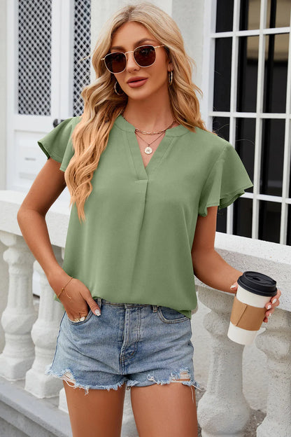Solid color V-neck loose short sleeved chiffon top for women