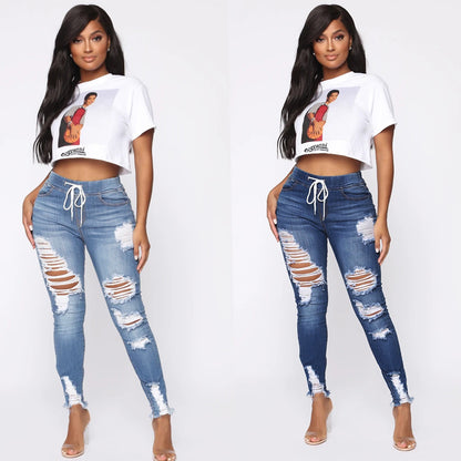 European and American Spring Elastic Waist Women's Jeans, High Waist Piercing, Slim Fit, Small Leg Strap Pants