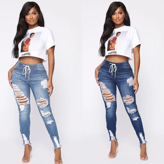 European and American Spring Elastic Waist Women's Jeans, High Waist Piercing, Slim Fit, Small Leg Strap Pants