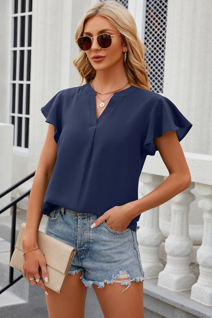 Solid color V-neck loose short sleeved chiffon top for women