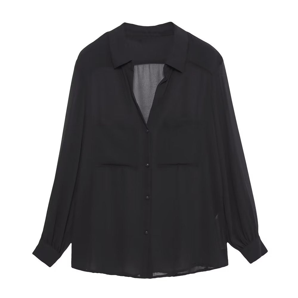 Women Solid Blouses Casual Long Sleeved Thin Tops Pockets Single Breasted T-Shirts Turn Down Collar Translucent Tops