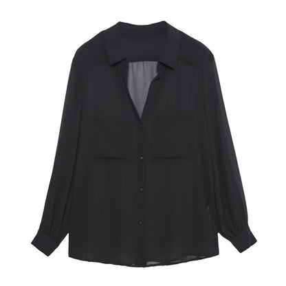 Women Solid Blouses Casual Long Sleeved Thin Tops Pockets Single Breasted T-Shirts Turn Down Collar Translucent Tops