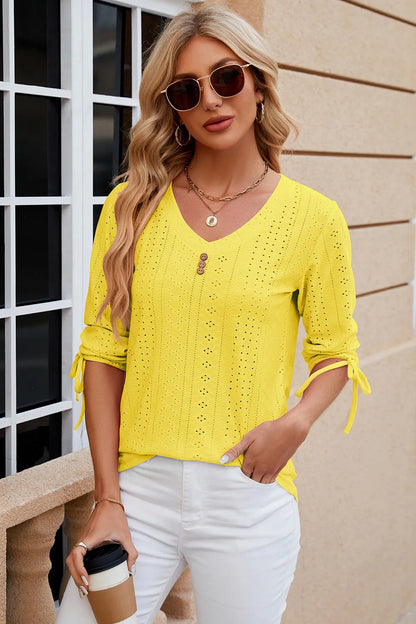 Button V-neck solid color mid sleeve loose T-shirt top for women's wear