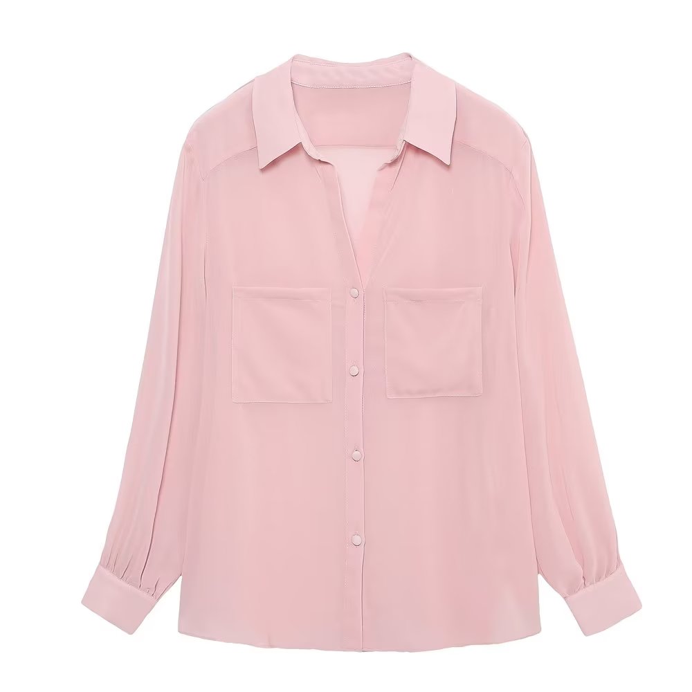 Women Solid Blouses Casual Long Sleeved Thin Tops Pockets Single Breasted T-Shirts Turn Down Collar Translucent Tops
