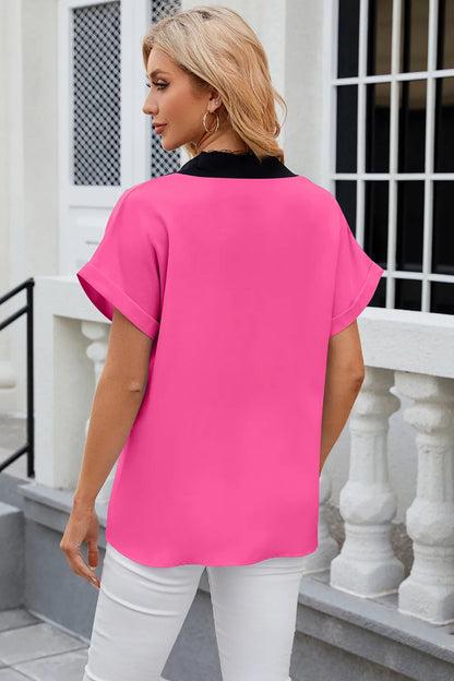 Flip collar chiffon shirt loose short sleeved top for women