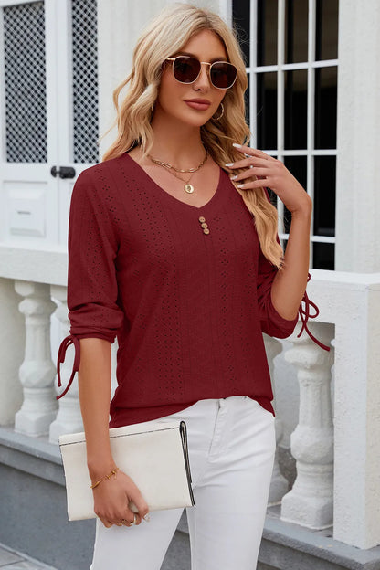 Button V-neck solid color mid sleeve loose T-shirt top for women's wear