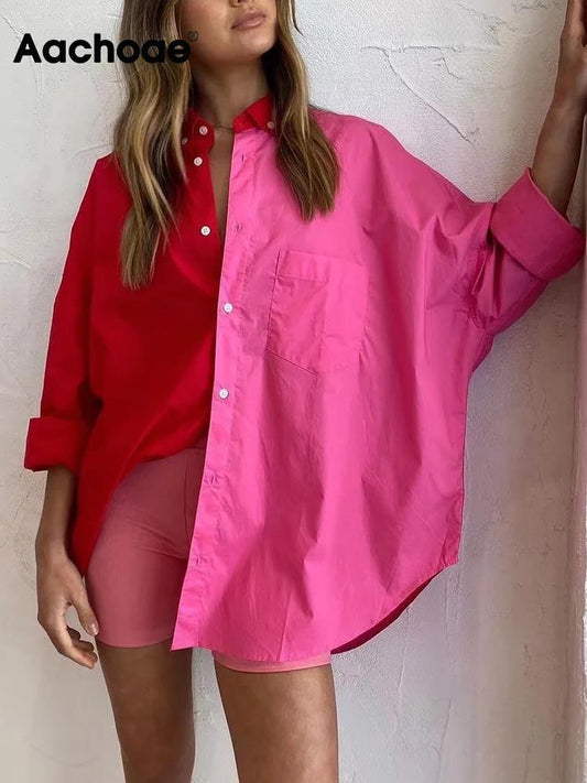 Aachoae Women Casual Patchwork Blouses Shirts Fashion Turn Down Collar Long Sleeve Shirts Tops Ladies Button Up Loose Shirts
