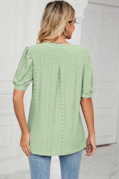 Casual V-neck solid color hollow bubble sleeve loose T-shirt top for women