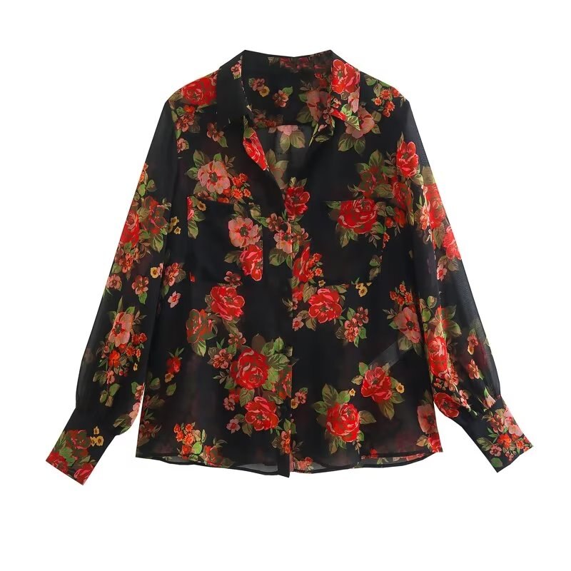 Women Solid Blouses Casual Long Sleeved Thin Tops Pockets Single Breasted T-Shirts Turn Down Collar Translucent Tops