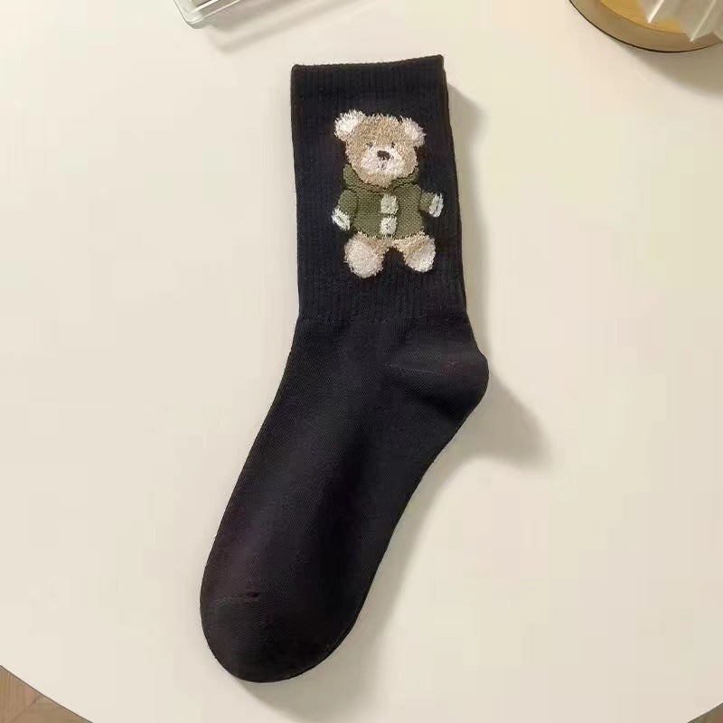 Little Bear Socks, Children's Middle Socks, Spring and Autumn Ins Trendy, Cute, Versatile, Fresh Japanese Coffee Color, Outerwear Long Socks, Autumn and Winter