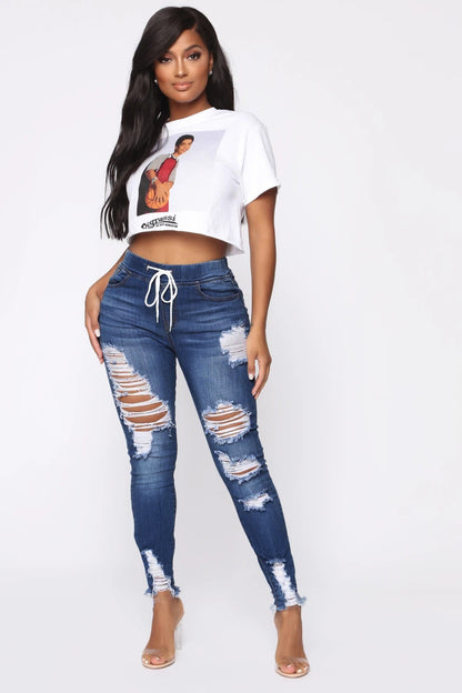 European and American Spring Elastic Waist Women's Jeans, High Waist Piercing, Slim Fit, Small Leg Strap Pants