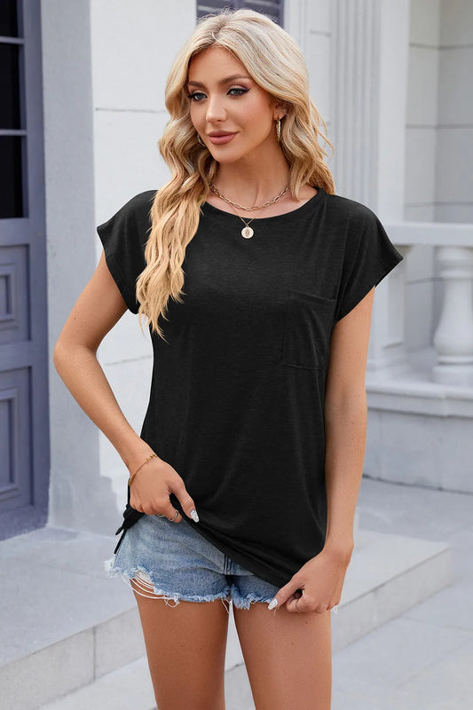 Round neck short sleeved loose pocket shoulder wiping T-shirt top