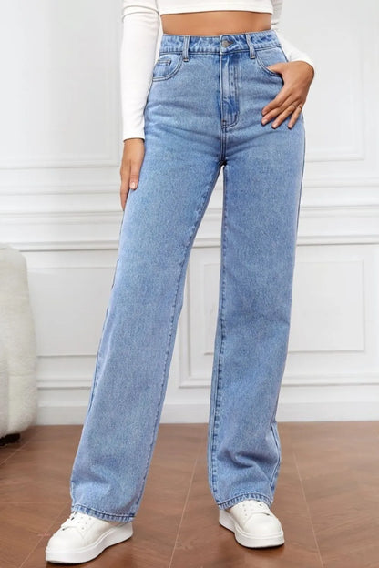 Washed denim fashionable straight leg pants long high waisted jeans pants for women