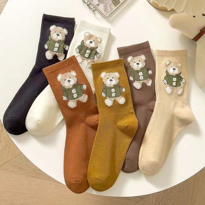 Little Bear Socks, Children's Middle Socks, Spring and Autumn Ins Trendy, Cute, Versatile, Fresh Japanese Coffee Color, Outerwear Long Socks, Autumn and Winter