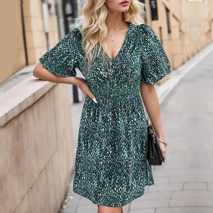 Printed Smocked Crisscross V-Neck Mini Dress