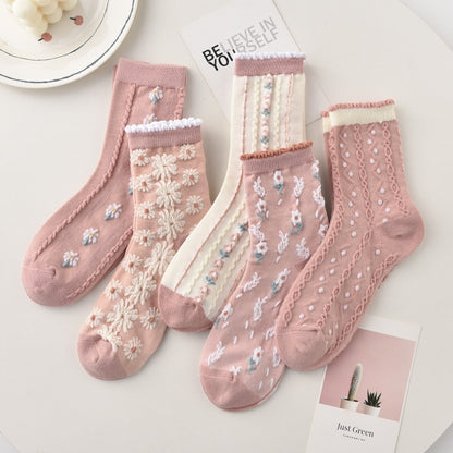 5 Pairs Of Vintage Socks Children's Medium Tube Pure Cotton Fashionable Socks Ethnic Pattern Long Tube Female Socks Spring And Autumn Cotton Socks