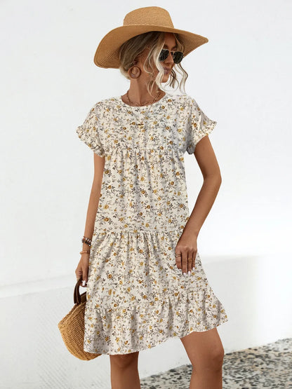 Round neck lotus leaf sleeve printed dress