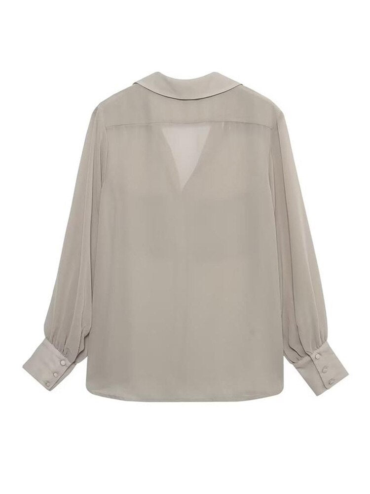 Women Solid Blouses Casual Long Sleeved Thin Tops Pockets Single Breasted T-Shirts Turn Down Collar Translucent Tops