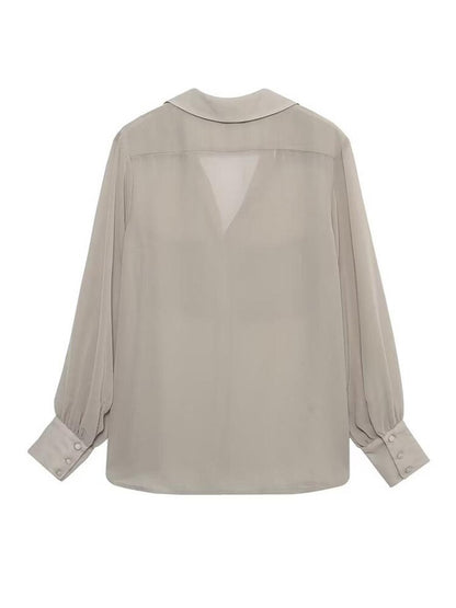 Women Solid Blouses Casual Long Sleeved Thin Tops Pockets Single Breasted T-Shirts Turn Down Collar Translucent Tops