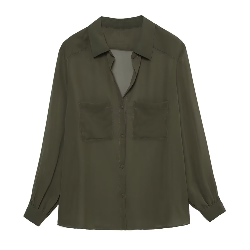 Women Solid Blouses Casual Long Sleeved Thin Tops Pockets Single Breasted T-Shirts Turn Down Collar Translucent Tops