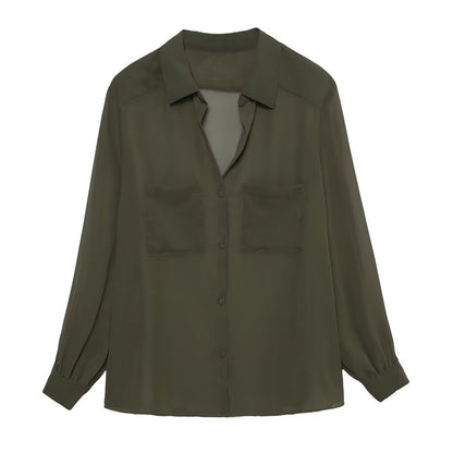 Women Solid Blouses Casual Long Sleeved Thin Tops Pockets Single Breasted T-Shirts Turn Down Collar Translucent Tops