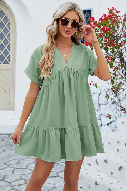 Spring and summer new solid color V-neck loose pleated dress for women